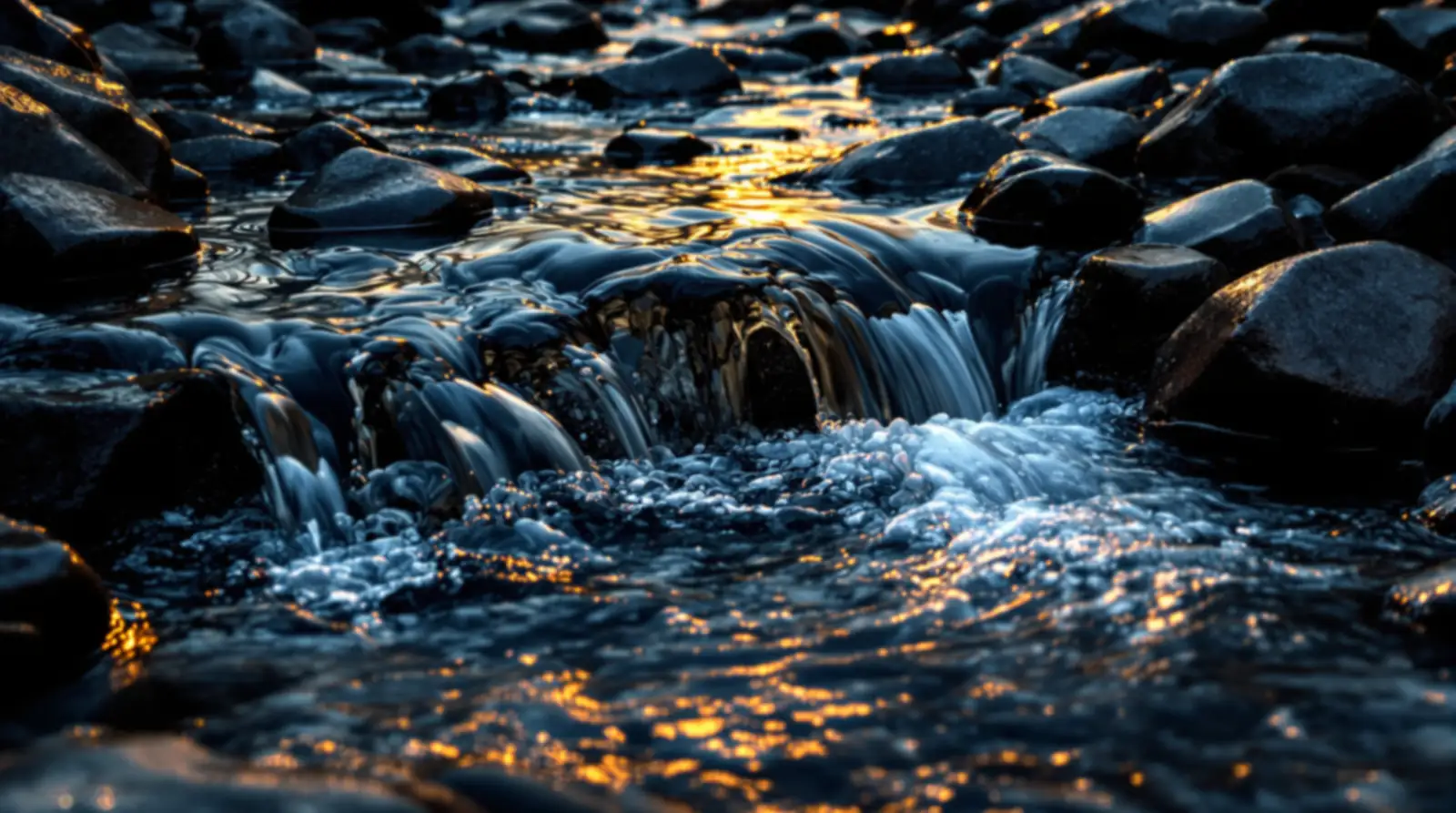 Water flowing over dark smooth stones in warm light, the Capita Brook promise of clear loan terms from $100 – $5,000